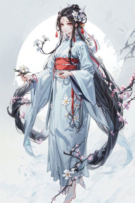 07322-2311772435-flower, solo, hanfu, long hair, black hair, 1girl, hair ornament, chinese clothes, holding, full body, long sleeves, wide sleeve.jpg